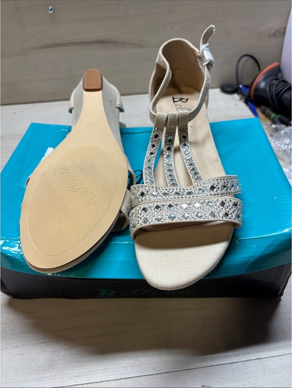 Bellini Champagne Rhinestone T-Strap Sandals #597